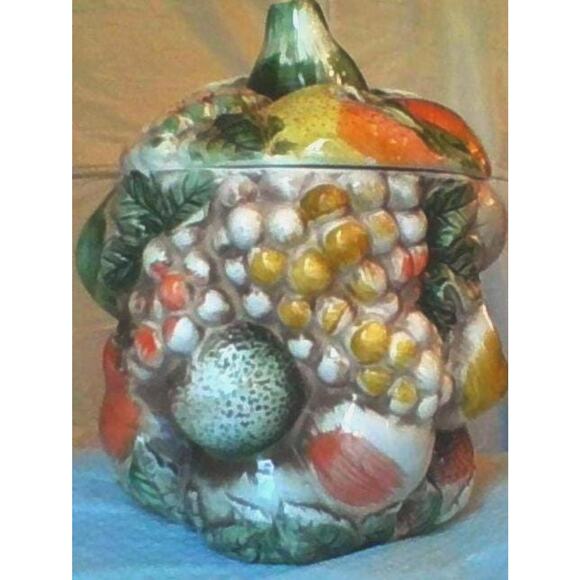 Vintage Lefton's "Fruits of Italy" Biscuit/Cookie Jar with Lid Pears Grapes - Picture 1 of 5